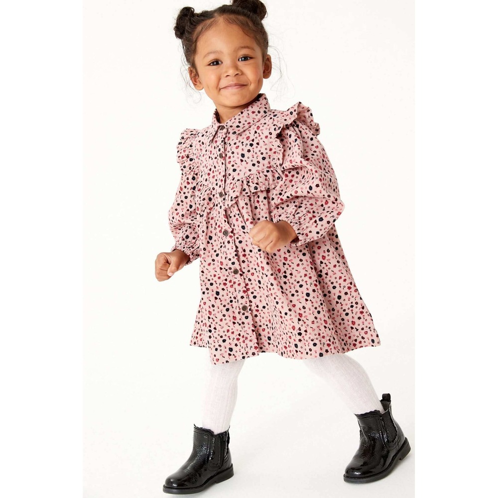 Next Kids Pink Floral Corduroy Ruffle Shirt Dress Long Sleeve Size 1.5-2 Years